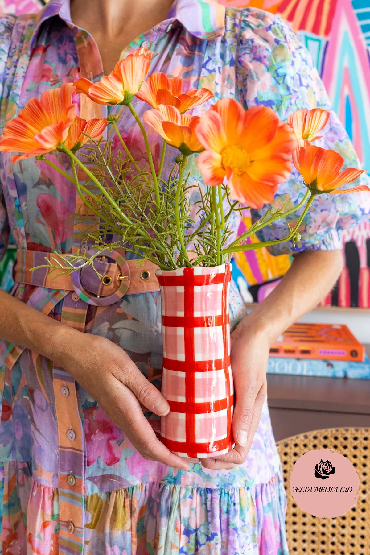VELIA Small Pink And Red Gingham Vase